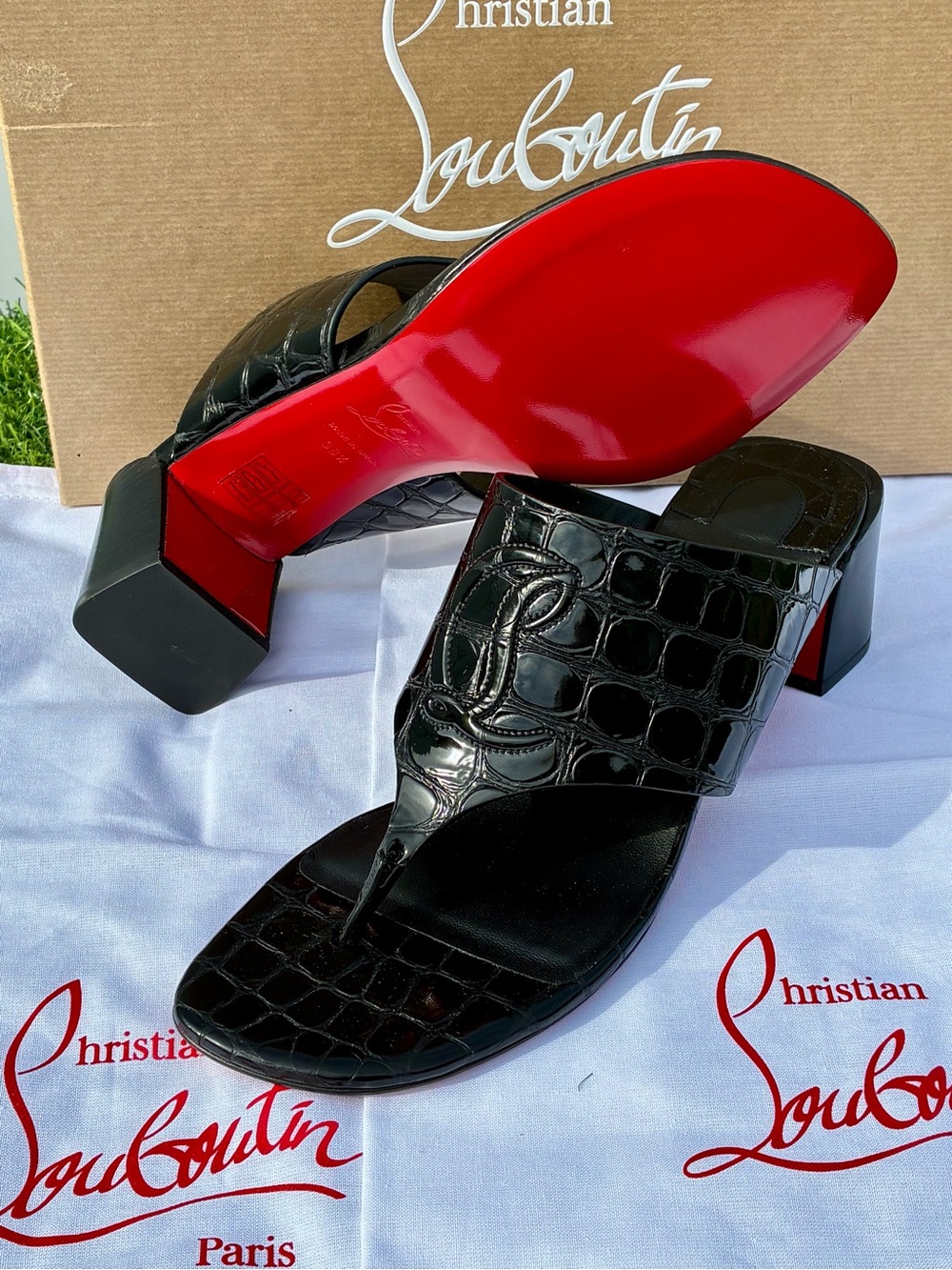 CHRISTIAN LOUBOUTIN CL TONGAMULE SANDALS LOGO BLACK CROC LEATHER SZ 38.5 NEW - Picture 2 of 16